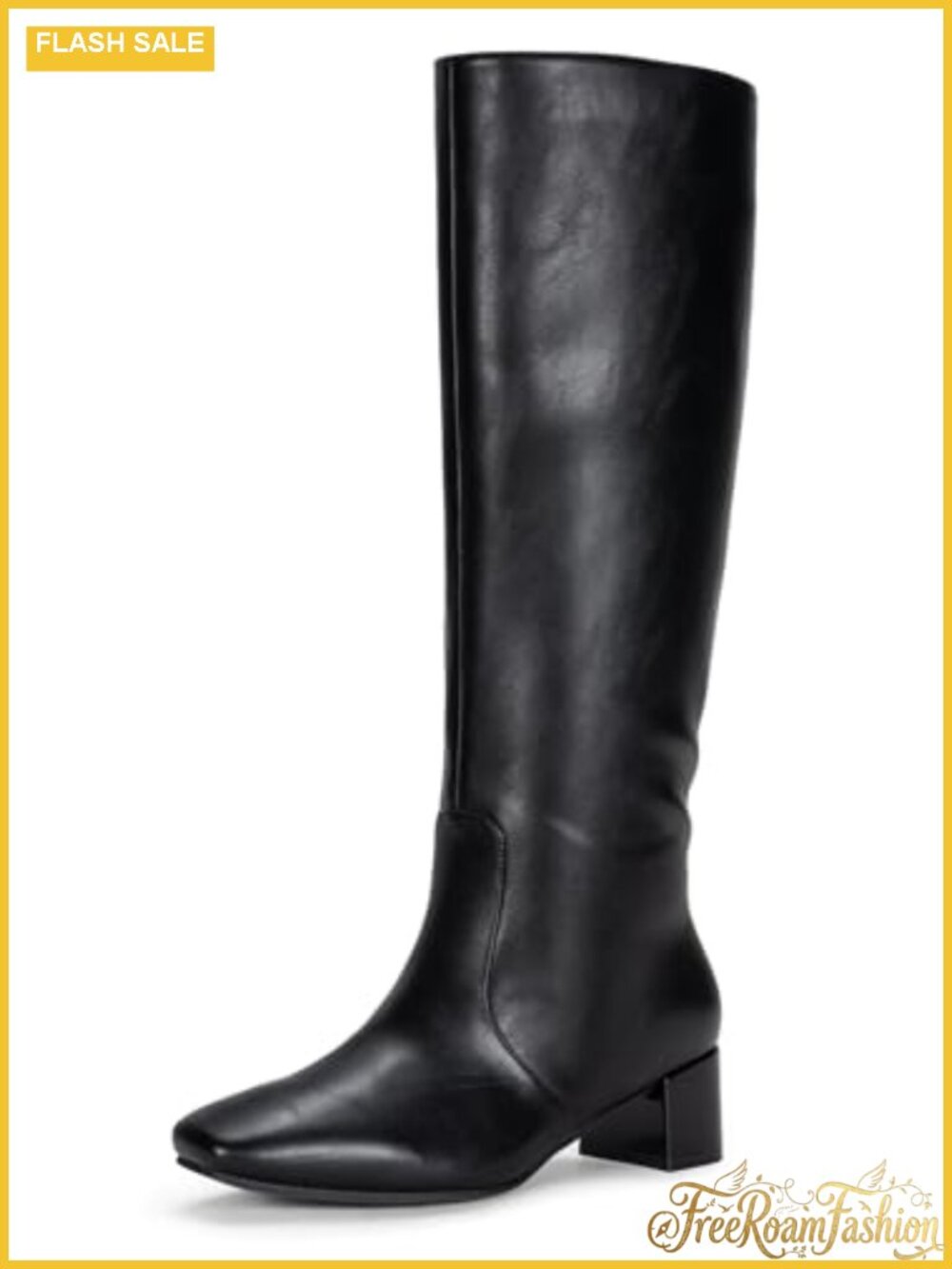 Vepose Women's Knee High Boots Faux Leather Square Toe Low Block Heel